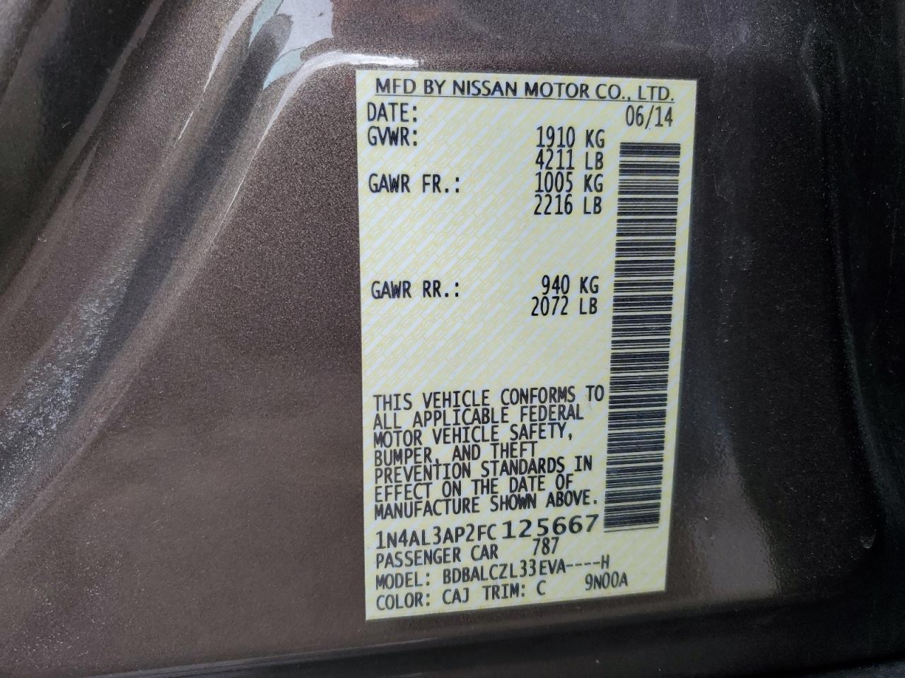 2015 Nissan Altima VIN 1N4AL3AP2FC125667 Copart auction photo, undercarriage / rear end damage thumbnail 12