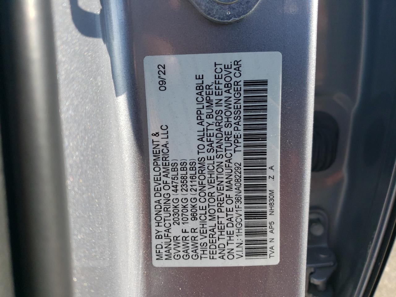 2022 Honda Accord VIN 1HGCV1F36NA082292 Copart auction photo, rear end / front end damage thumbnail 13