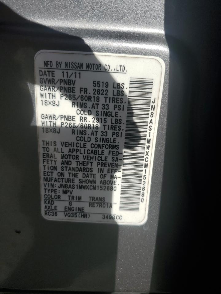 2012 Infiniti FX VIN JN8AS1MWXCM152680 Copart auction photo, minor dent/scratches damage thumbnail 14