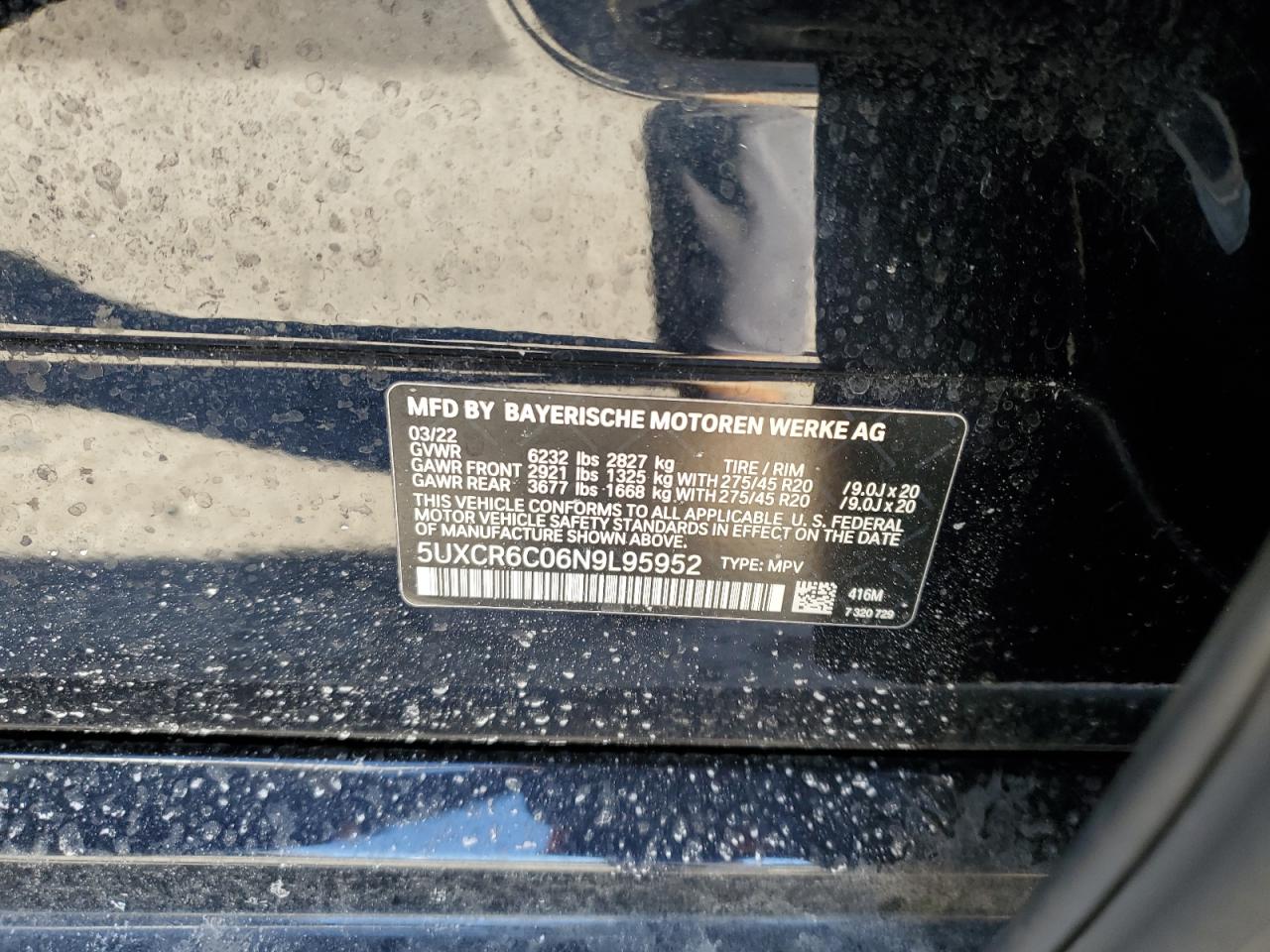 2022 BMW X5 VIN 5UXCR6C06N9L95952 Copart auction photo, side / front end damage thumbnail 14