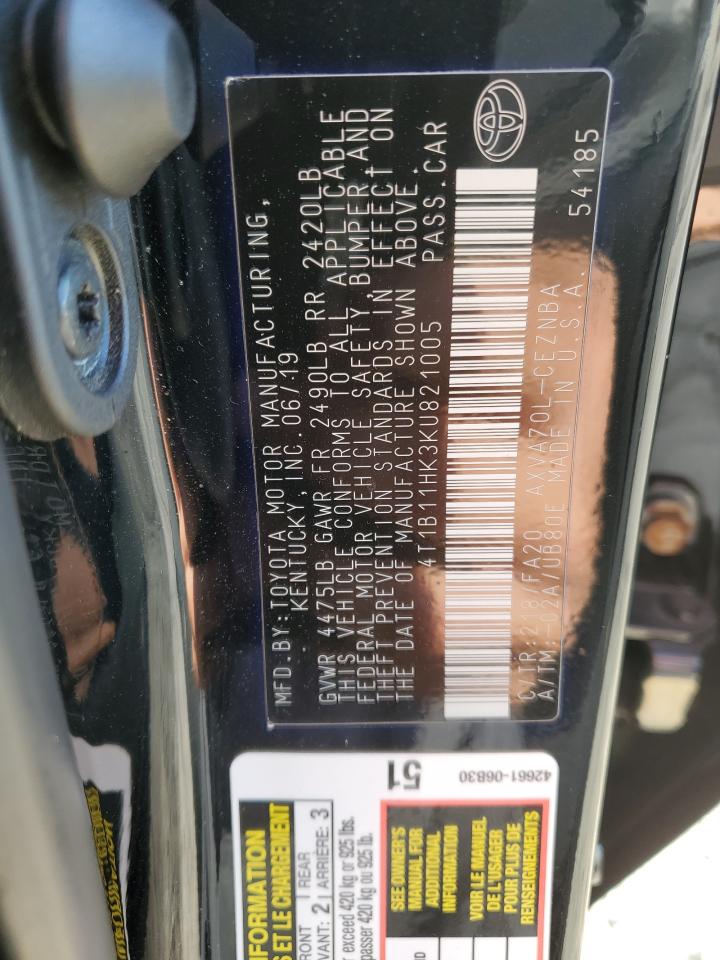 2019 Toyota Camry VIN 4T1B11HK3KU821005 Copart auction photo, front end / minor dent/scratches damage thumbnail 12