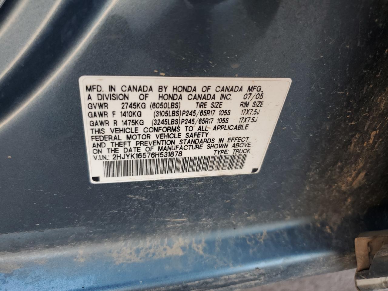 2006 Honda Ridgeline VIN 2HJYK16576H531878 Copart auction photo, all over damage thumbnail 12