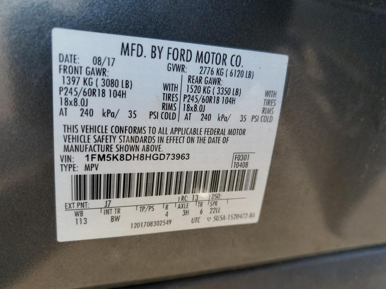 2017 Ford Explorer VIN 1FM5K8DH8HGD73963 Copart auction photo, front end / side damage thumbnail 16