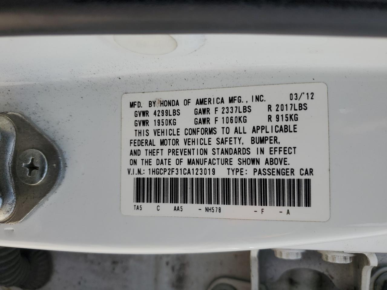 2012 Honda Accord VIN 1HGCP2F31CA123019 Copart auction photo, burn - engine / front end damage thumbnail 12