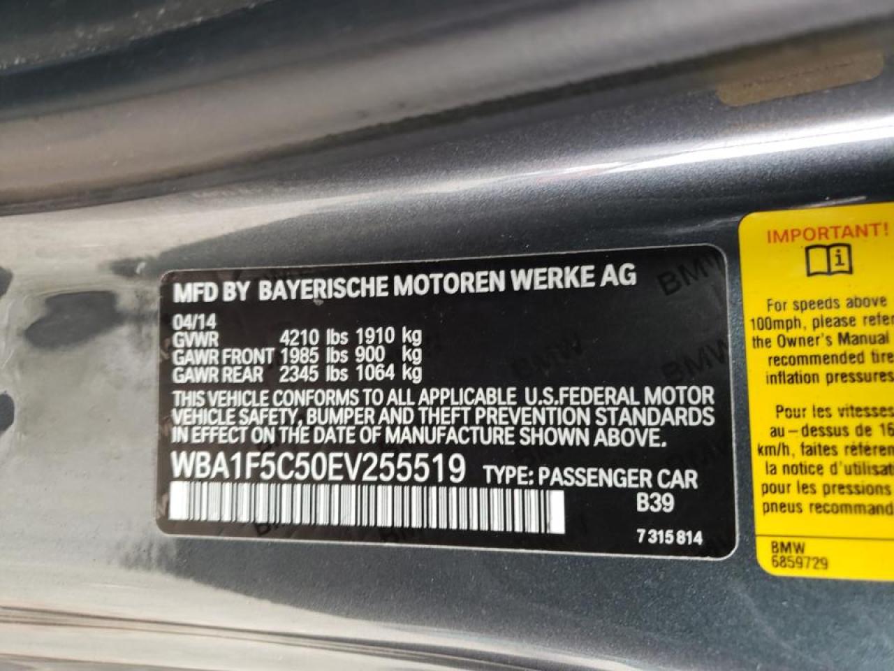 2014 BMW 2er VIN WBA1F5C50EV255519 Copart auction photo, rear end damage thumbnail 12