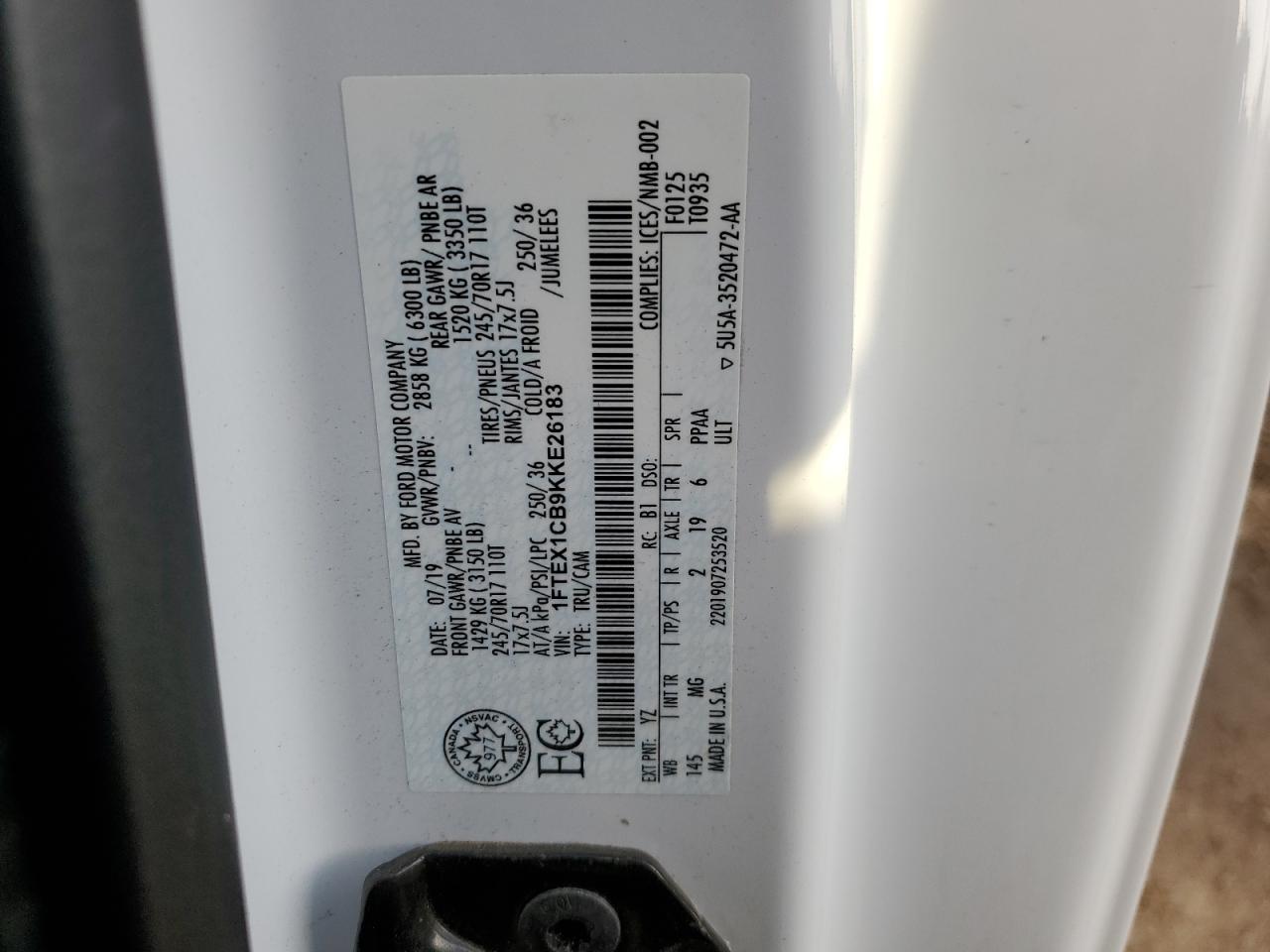 2019 Ford F-150 VIN 1FTEX1CB9KKE26183 Copart auction photo, all over damage thumbnail 14