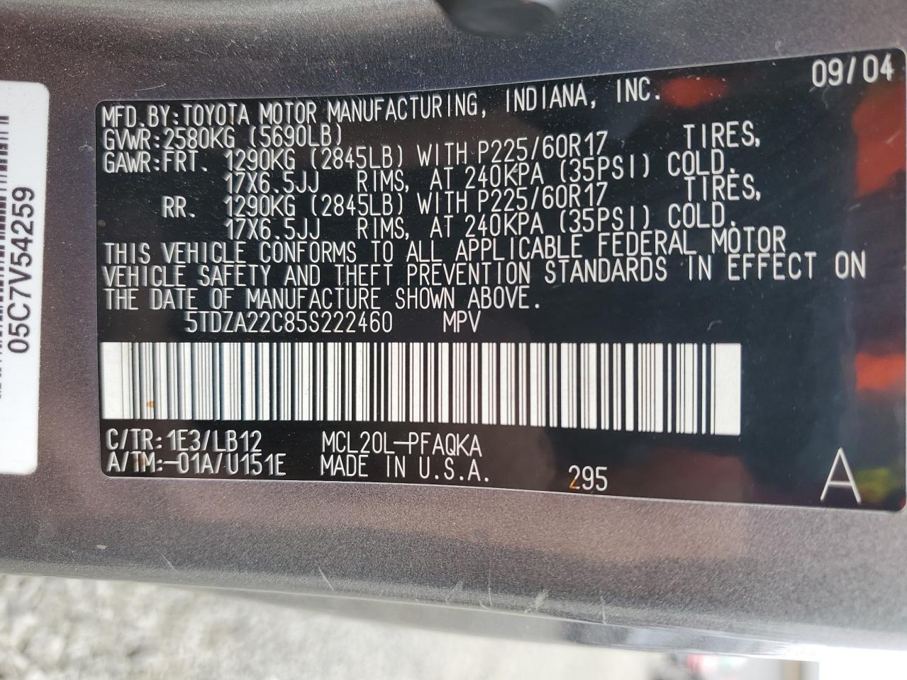 2005 Toyota Sienna VIN 5TDZA22C85S222460 Copart auction photo, front end damage thumbnail 15