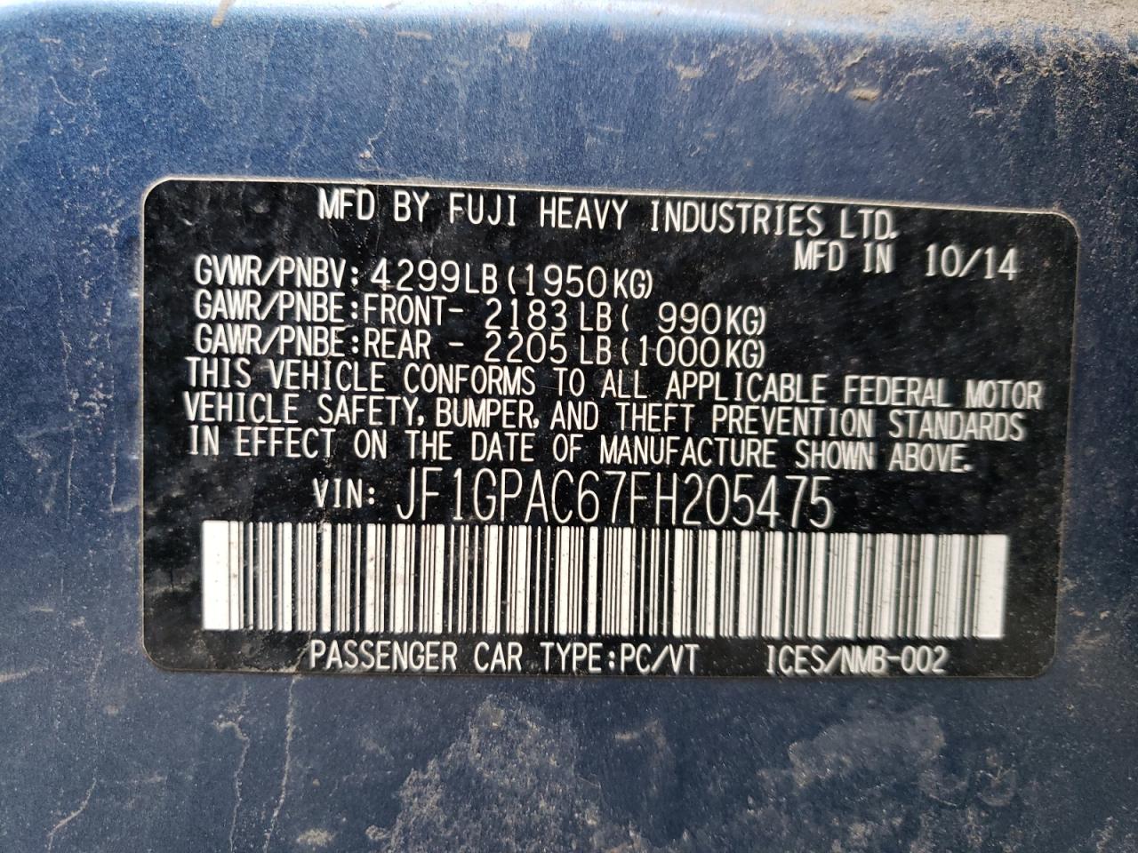 2015 Subaru Impreza VIN JF1GPAC67FH205475 Copart auction photo, rear end / hail damage thumbnail 12