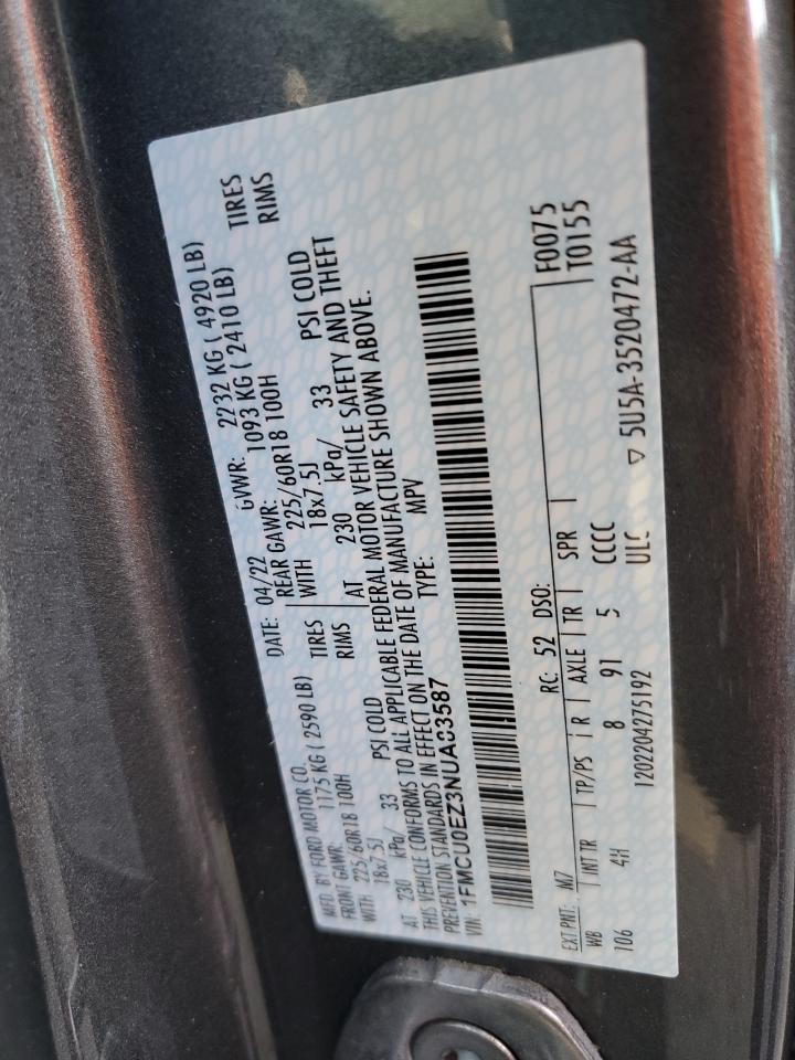 2022 Ford Escape VIN 1FMCU0EZ3NUA83587 Copart auction photo, front end / side damage thumbnail 14