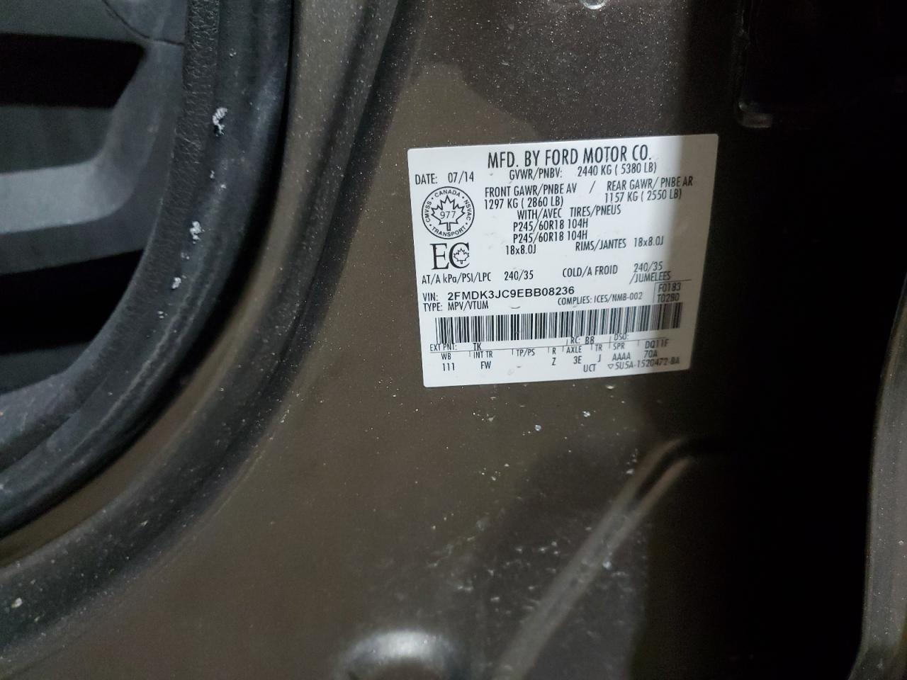 2014 Ford Edge VIN 2FMDK3JC9EBB08236 Copart auction photo, front end / rear end damage thumbnail 13