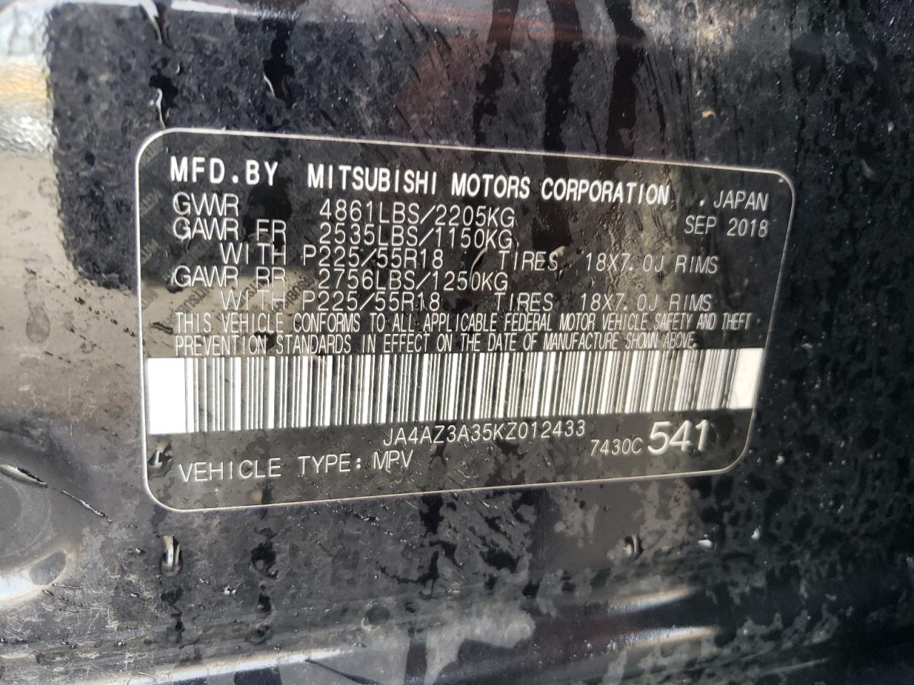 2019 Mitsubishi Outlander VIN JA4AZ3A35KZ012433 Copart auction photo, front end damage thumbnail 13