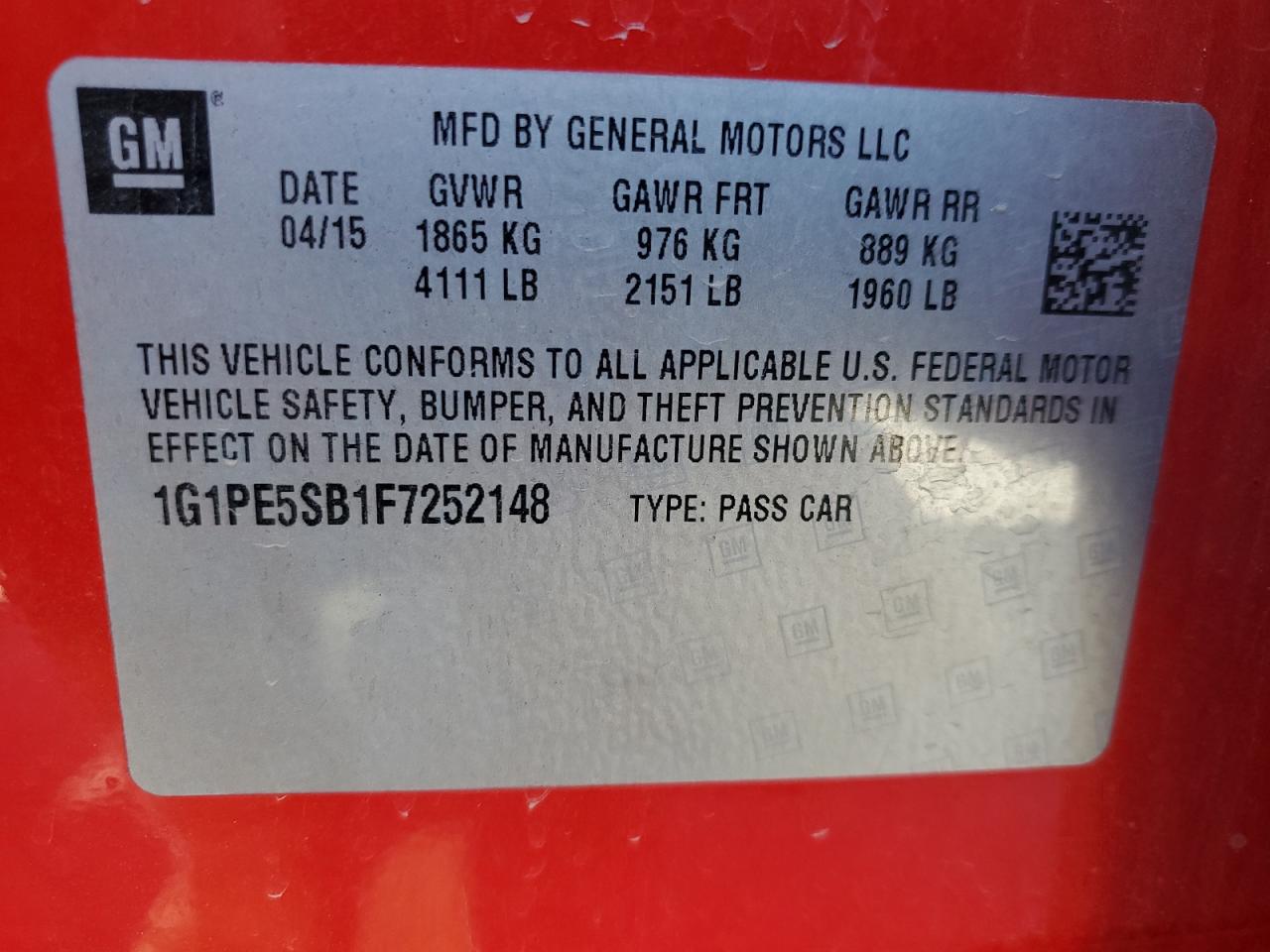 2015 Chevrolet Cruze VIN 1G1PE5SB1F7252148 Copart auction photo, rear end damage thumbnail 12