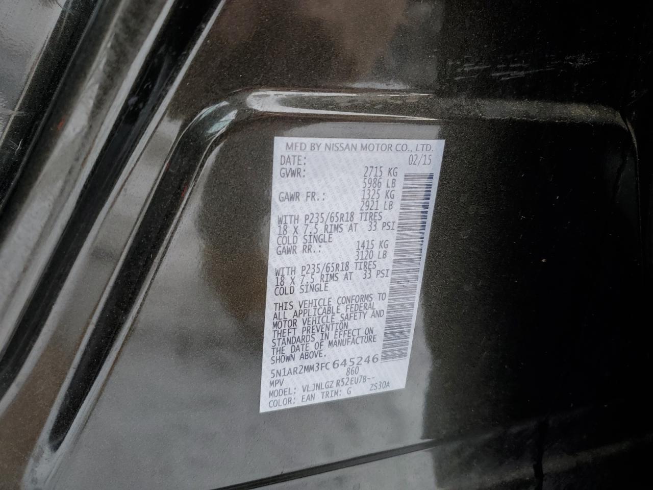 2015 Nissan Pathfinder VIN 5N1AR2MM3FC645246 Copart auction photo, rear end damage thumbnail 13