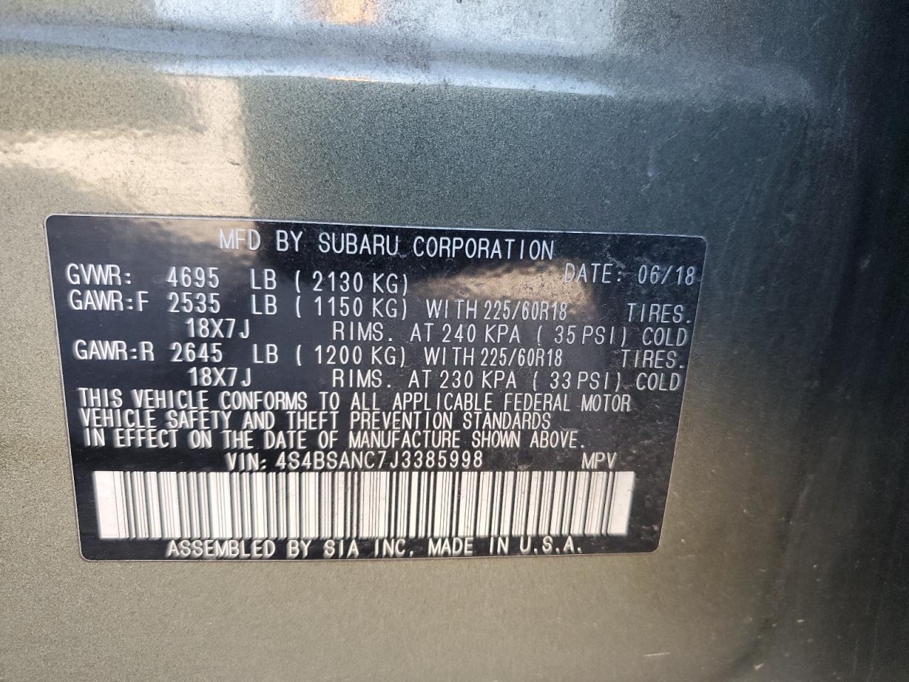 2018 Subaru Outback VIN 4S4BSANC7J3385998 Copart auction photo, rear end damage thumbnail 14