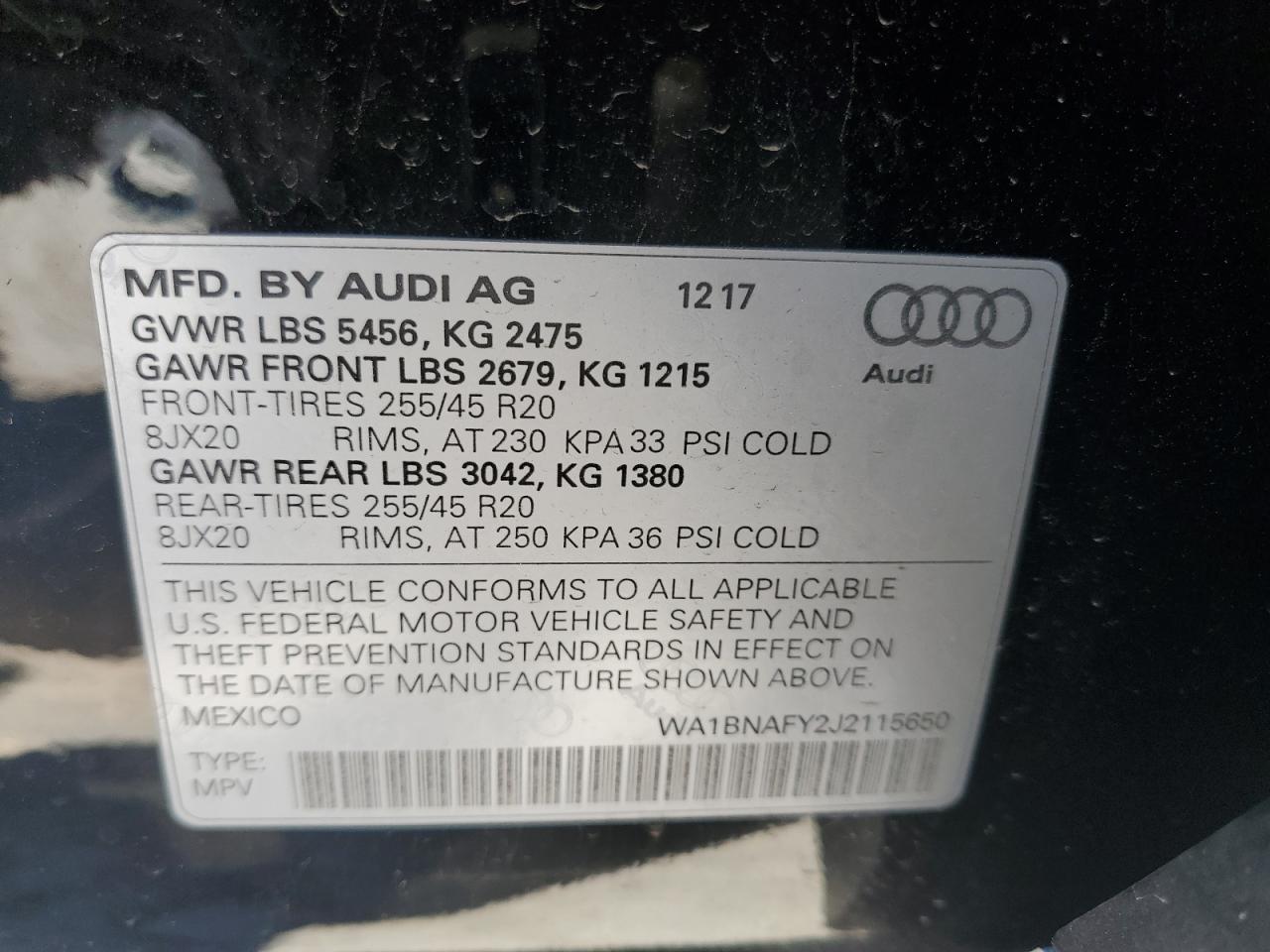 2018 Audi Q5 VIN WA1BNAFY2J2115650 Copart auction photo, front end / rear end damage thumbnail 13