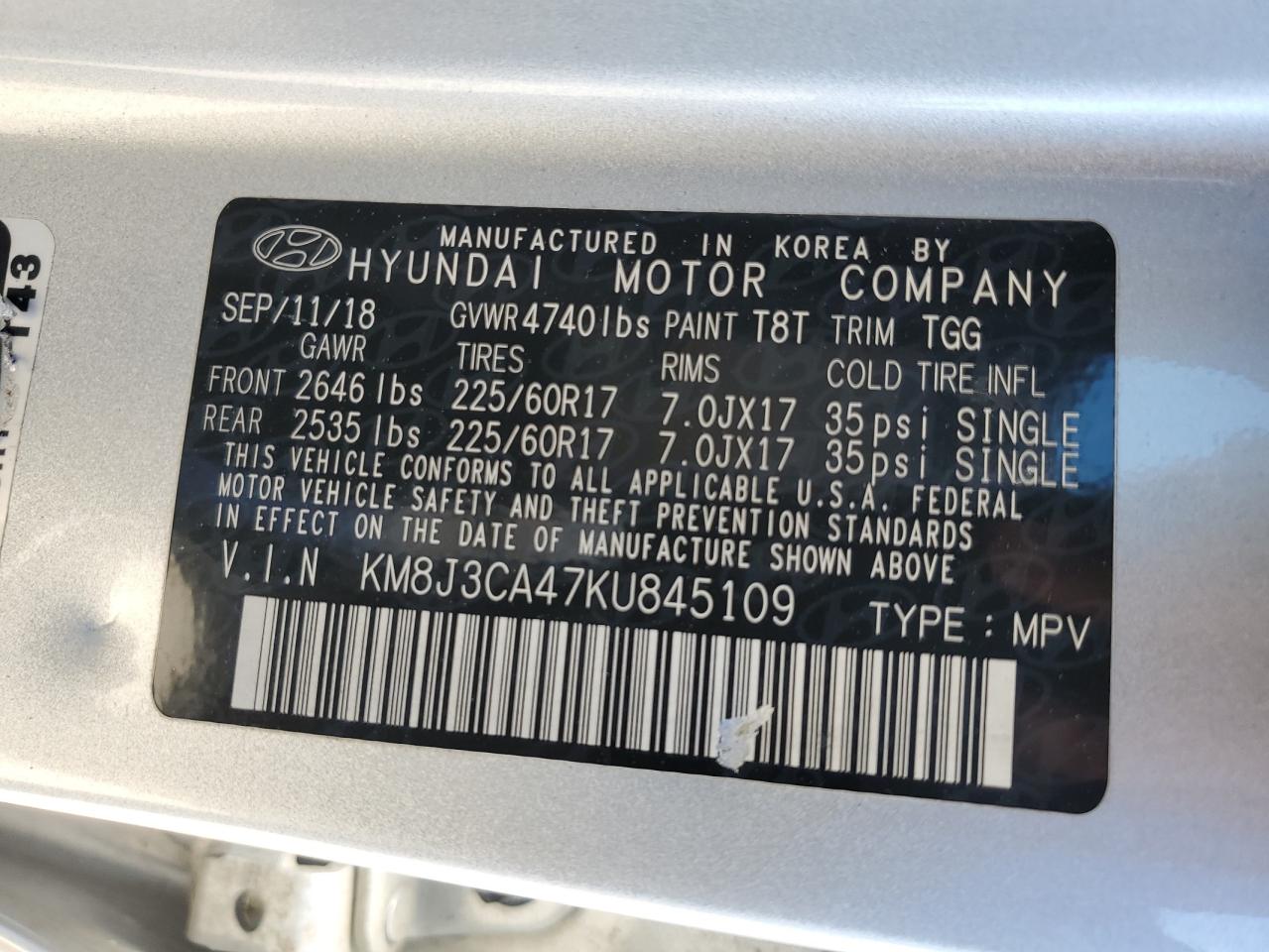 2019 Hyundai Tucson VIN KM8J3CA47KU845109 Copart auction photo, front end / minor dent/scratches damage thumbnail 13
