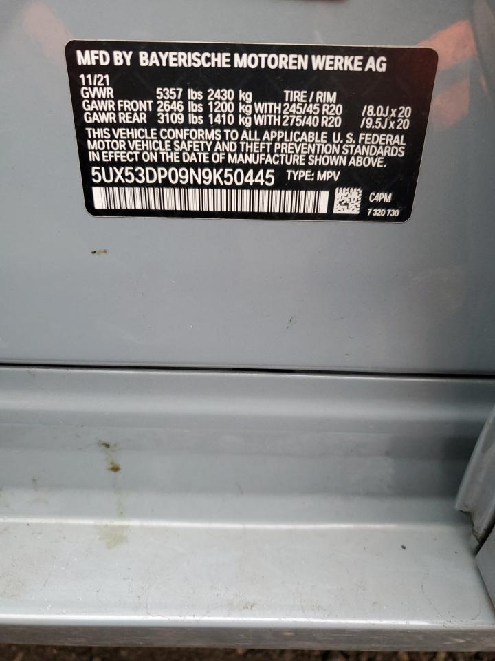 2022 BMW X3 VIN 5UX53DP09N9K50445 Copart auction photo, front end damage thumbnail 13