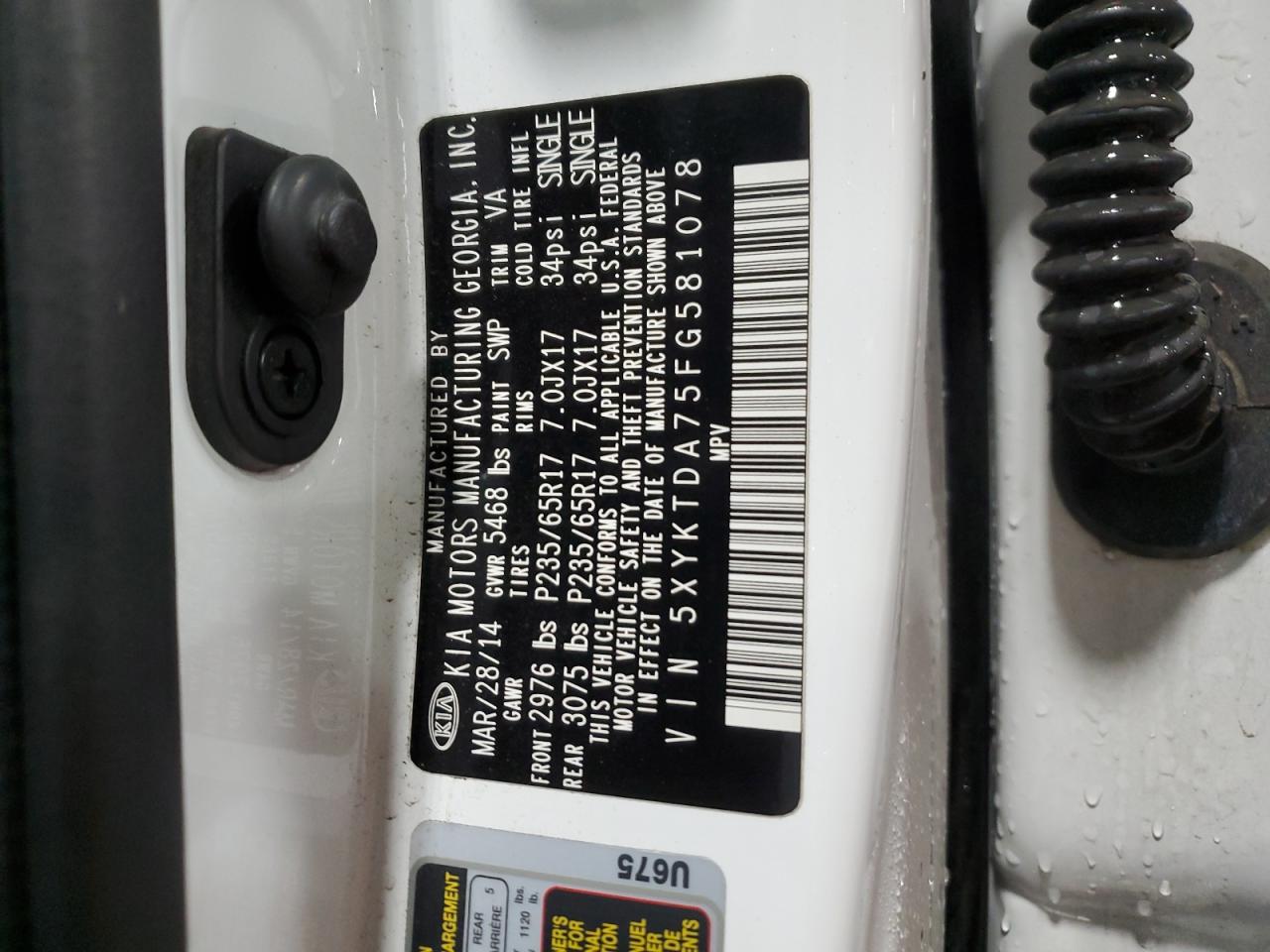 2015 KIA Sorento VIN 5XYKTDA75FG581078 Copart auction photo, front end damage thumbnail 14