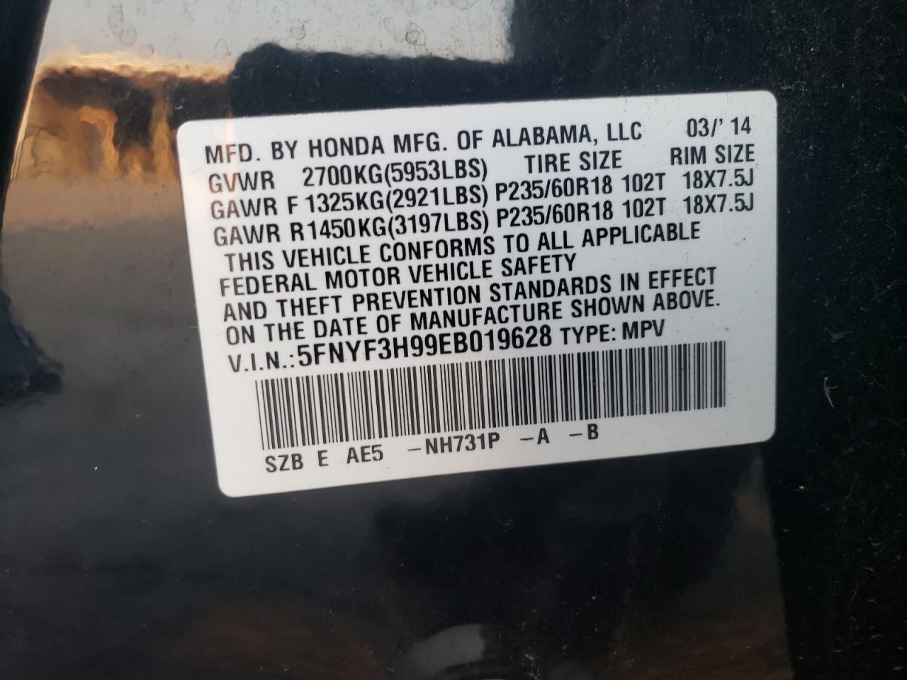 2014 Honda Pilot VIN 5FNYF3H99EB019628 Copart auction photo, front end damage thumbnail 14