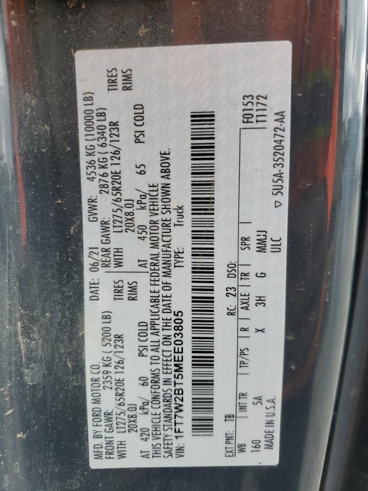 2021 Ford F250 VIN 1FT7W2BT5MEE03805 Copart auction photo, rear end / side damage thumbnail 14