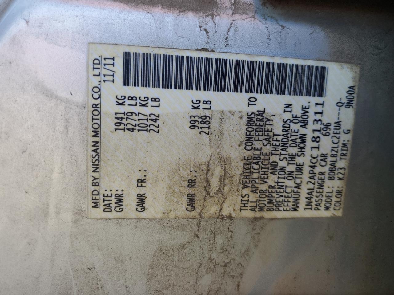 2012 Nissan Altima VIN 1N4AL2AP4CC181311 Copart auction photo, front end / minor dent/scratches damage thumbnail 12