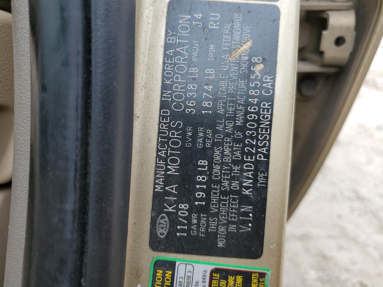 2009 KIA Rio VIN KNADE223096485558 Copart auction photo, front end damage thumbnail 12