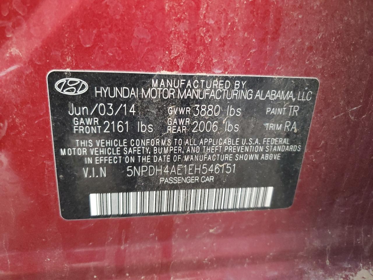 2014 Hyundai Elantra VIN 5NPDH4AE1EH546151 Copart auction photo, all over damage thumbnail 12