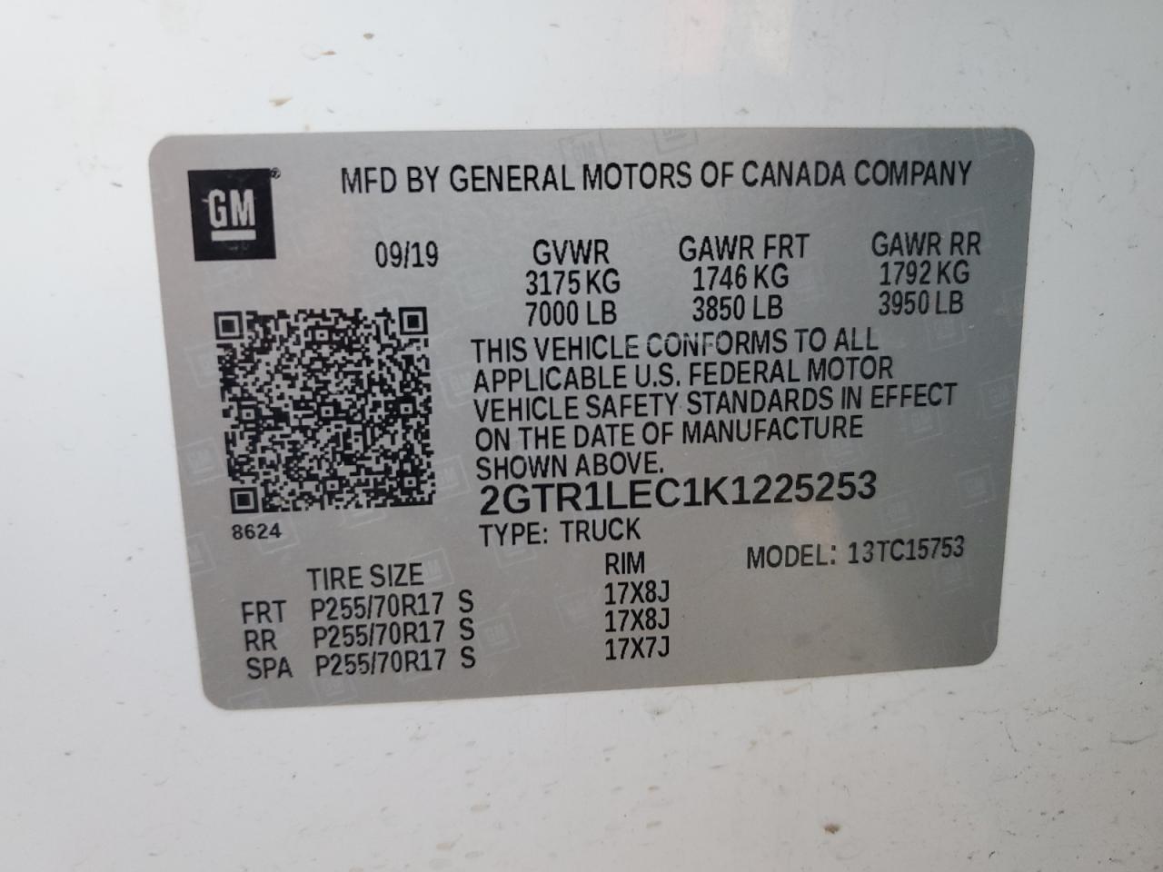 2019 GMC Sierra VIN 2GTR1LEC1K1225253 Copart auction photo, rear end damage thumbnail 12
