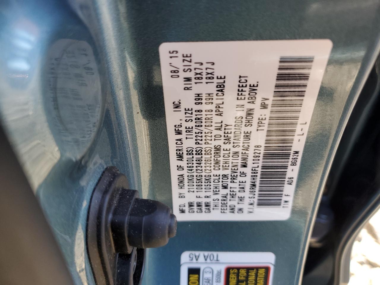 2015 Honda CR-V VIN 5J6RM4H98FL109278 Copart auction photo, front end damage thumbnail 16
