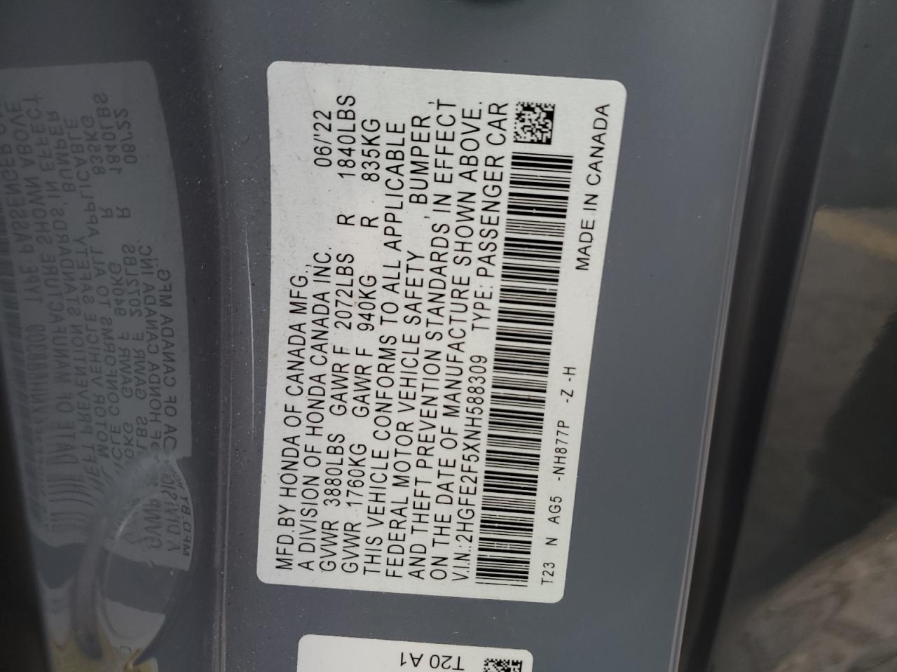 2022 Honda Civic VIN 2HGFE2F5XNH588309 Copart auction photo, front end damage thumbnail 12