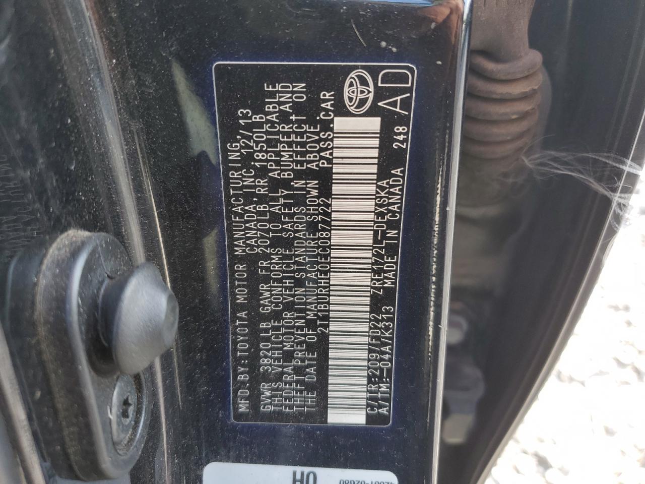 2014 Toyota Corolla VIN 2T1BURHE0EC087722 Copart auction photo, front end damage thumbnail 14