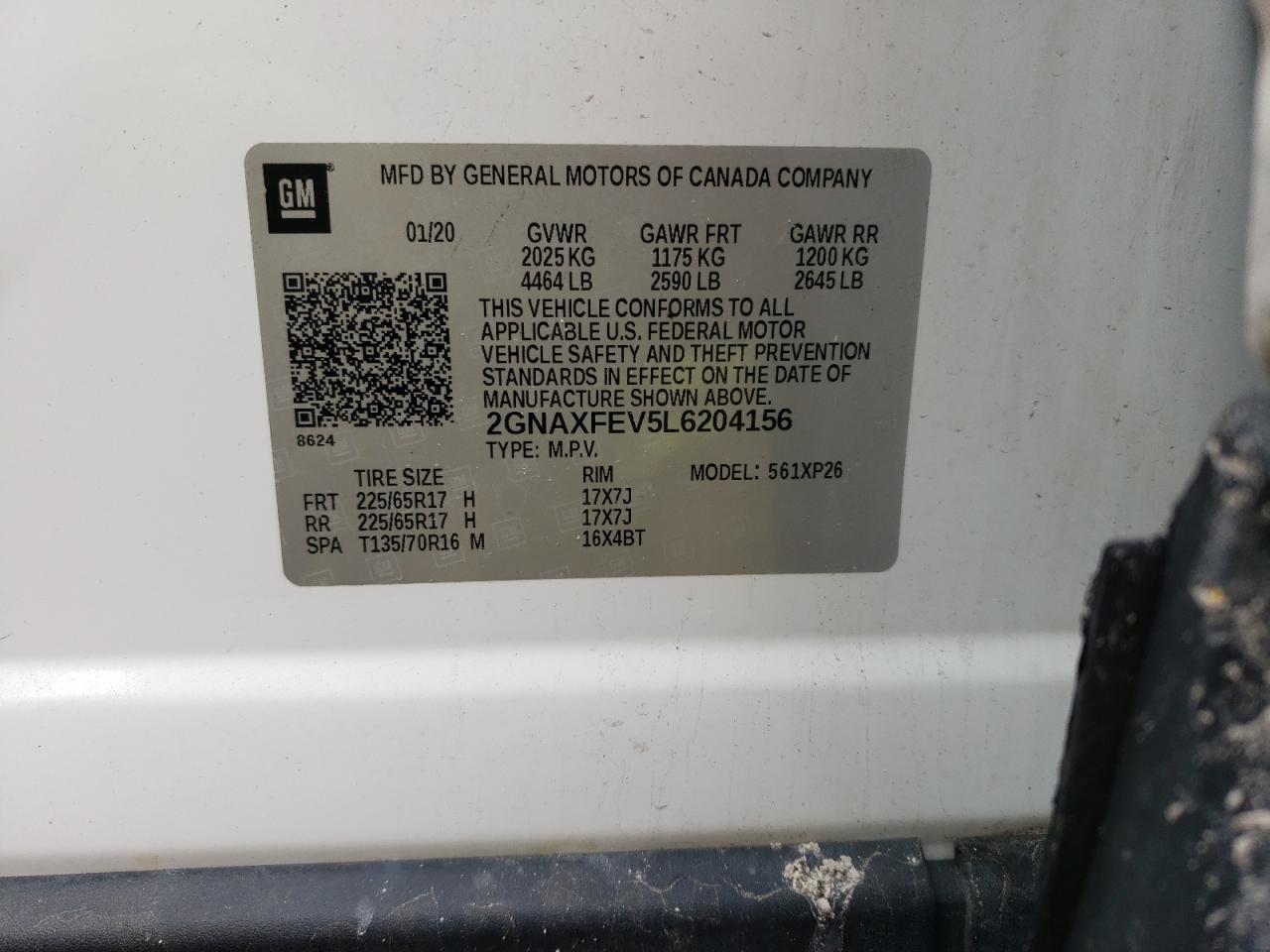 2020 Chevrolet Equinox VIN 2GNAXFEV5L6204156 Copart auction photo, front end / side damage thumbnail 13