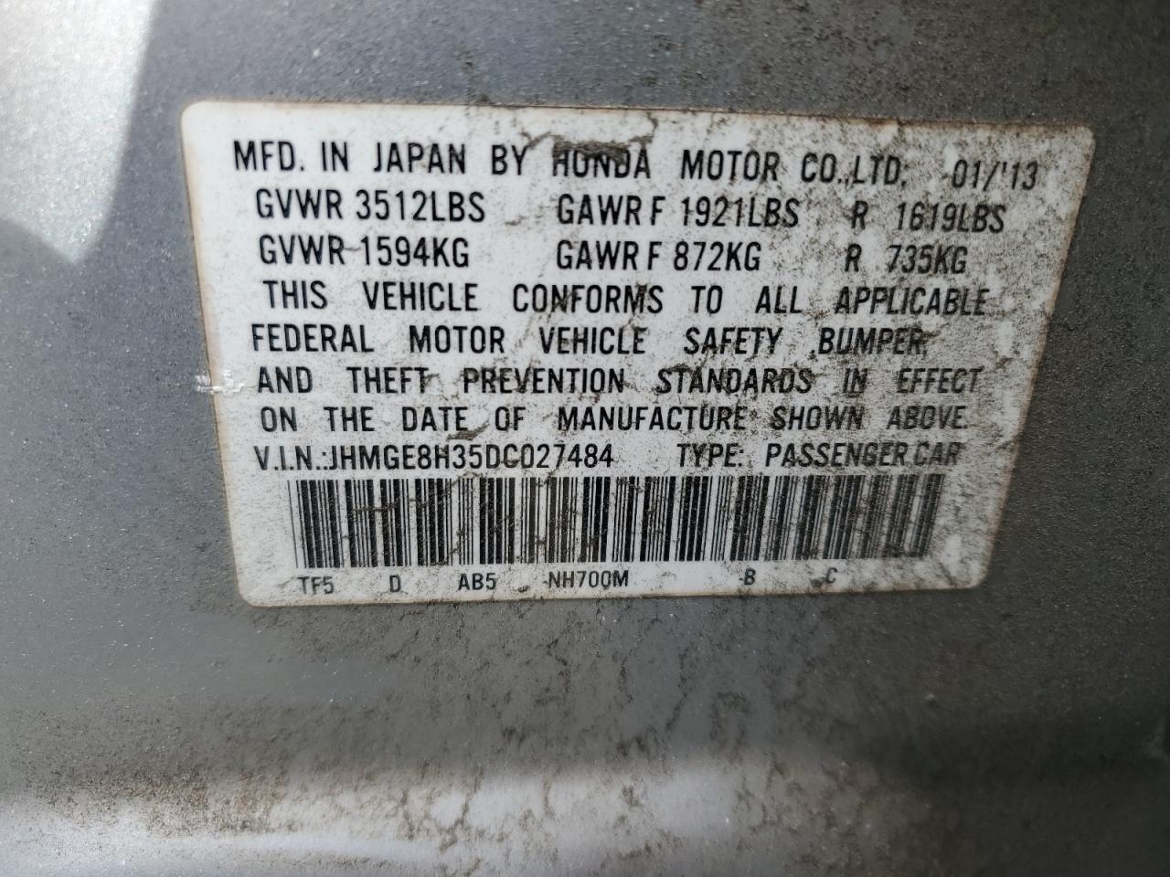 2013 Honda Fit VIN JHMGE8H35DC027484 Copart auction photo, front end damage thumbnail 14