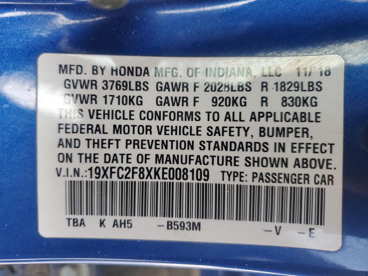 2019 Honda Civic VIN 19XFC2F8XKE008109 Copart auction photo, front end / minor dent/scratches damage thumbnail 14