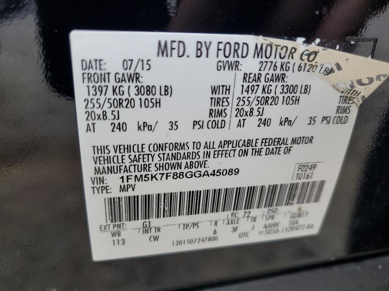 2016 Ford Explorer VIN 1FM5K7F88GGA45089 Copart auction photo, side damage thumbnail 14