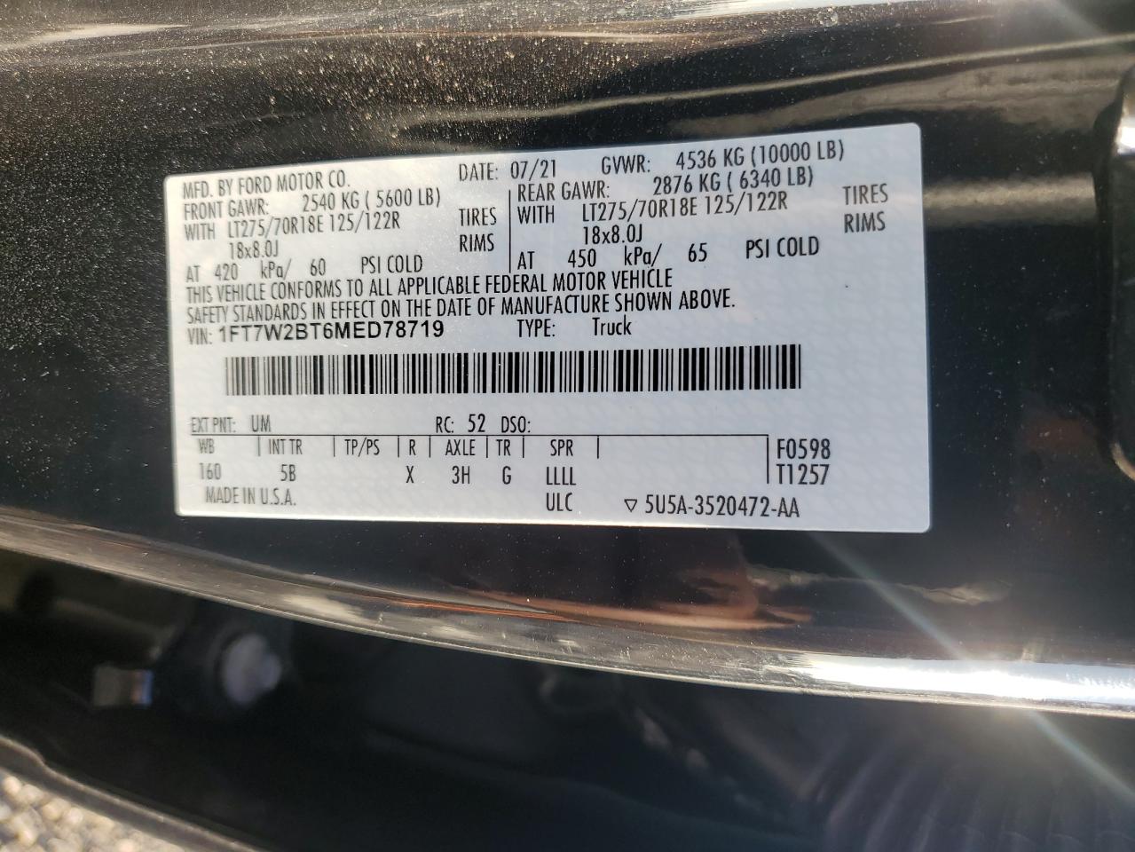 2021 Ford F250 VIN 1FT7W2BT6MED78719 Copart auction photo, front end / rear end damage thumbnail 14