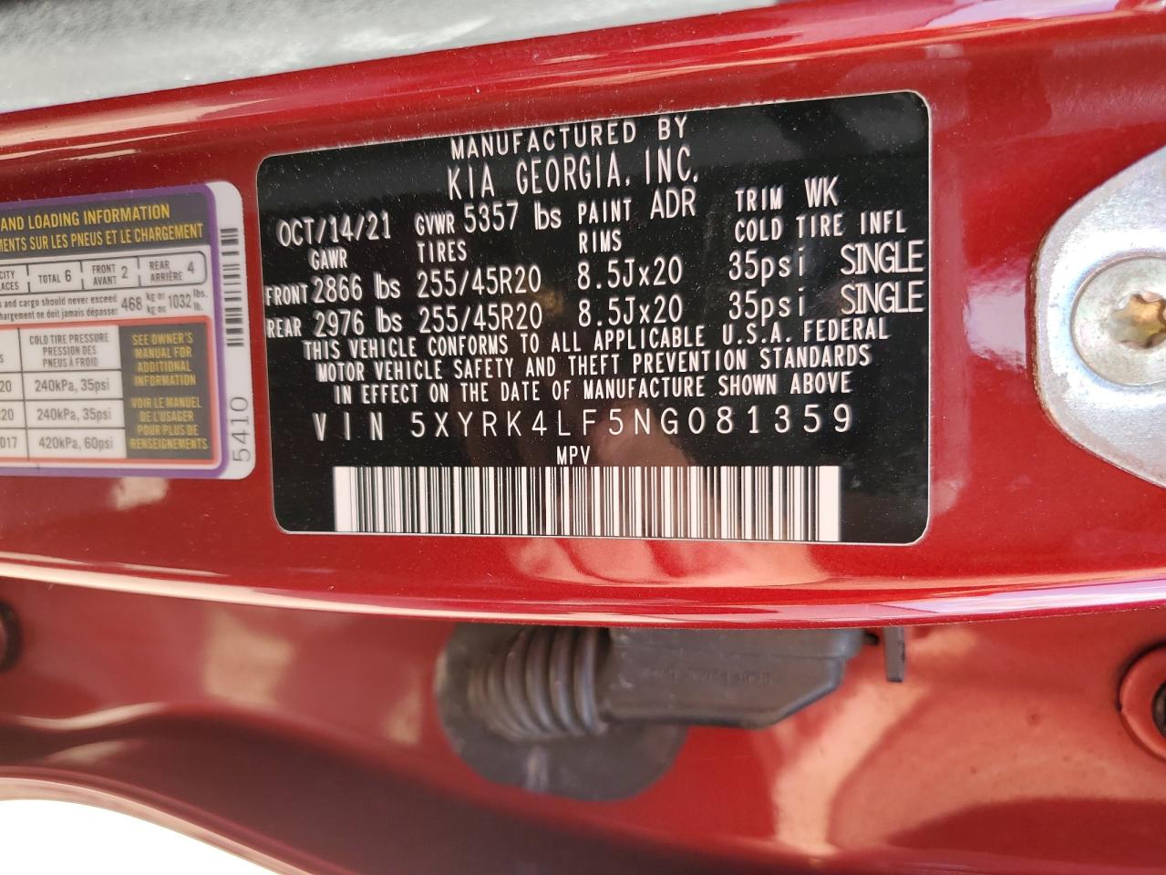 2022 KIA Sorento VIN 5XYRK4LF5NG081359 Copart auction photo, water/flood damage thumbnail 13