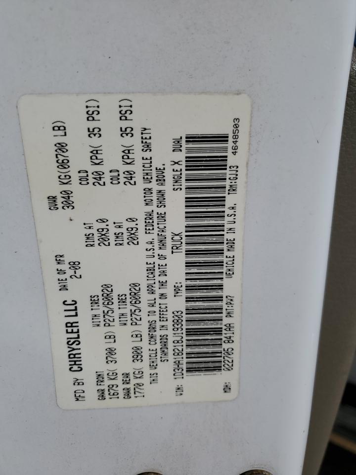 2008 Dodge RAM VIN 1D3HA18218J193803 Copart auction photo, front end damage thumbnail 13