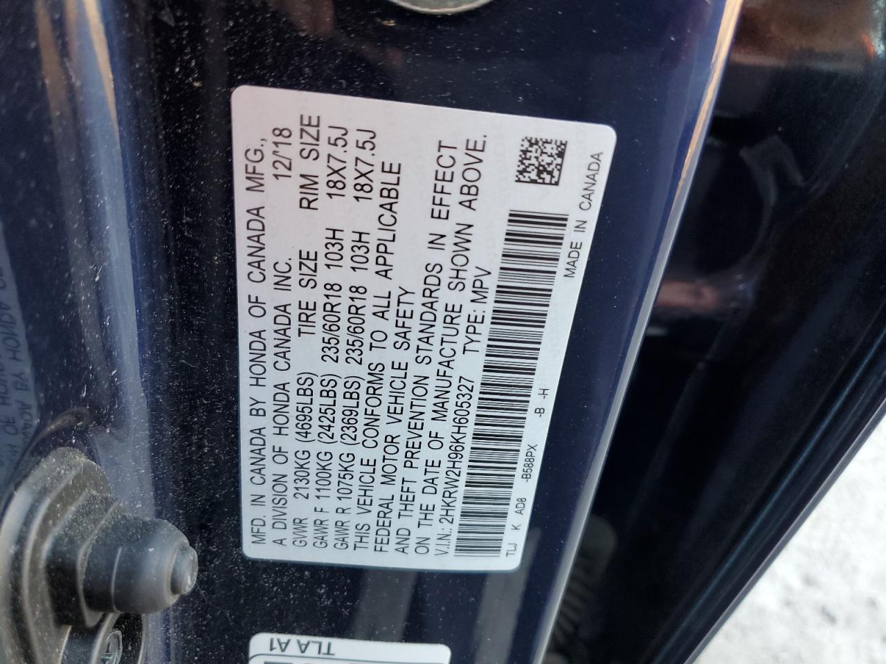 2019 Honda CR-V VIN 2HKRW2H96KH605327 Copart auction photo, rear end damage thumbnail 13
