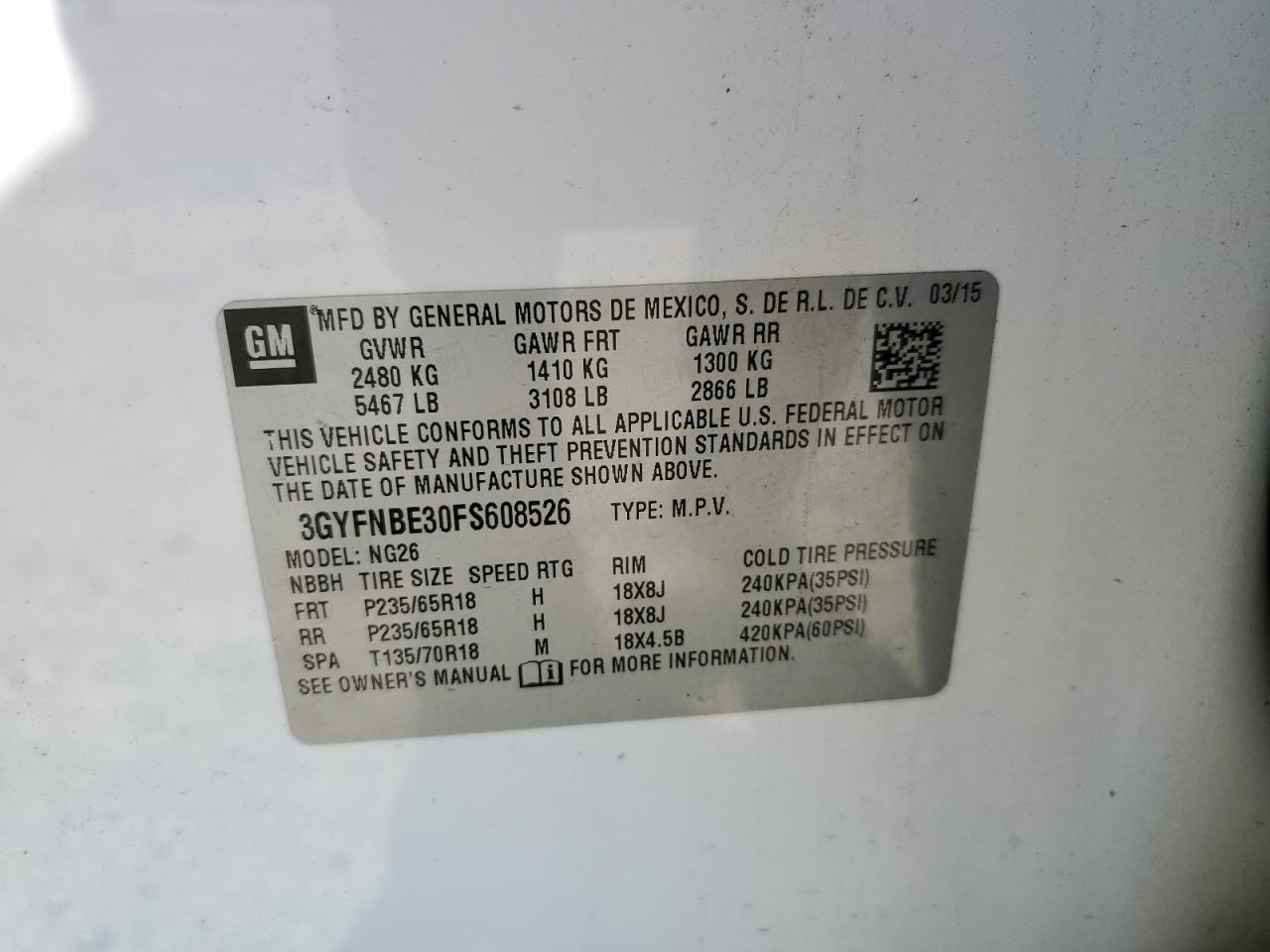 2015 Cadillac SRX VIN 3GYFNBE30FS608526 Copart auction photo, side damage thumbnail 15