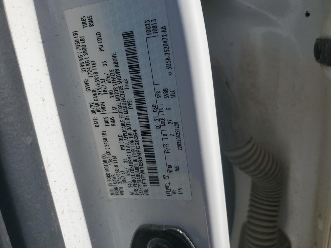 2022 Ford F-150 VIN 1FTFW1E85NFC20364 Copart auction photo, undercarriage damage thumbnail 12