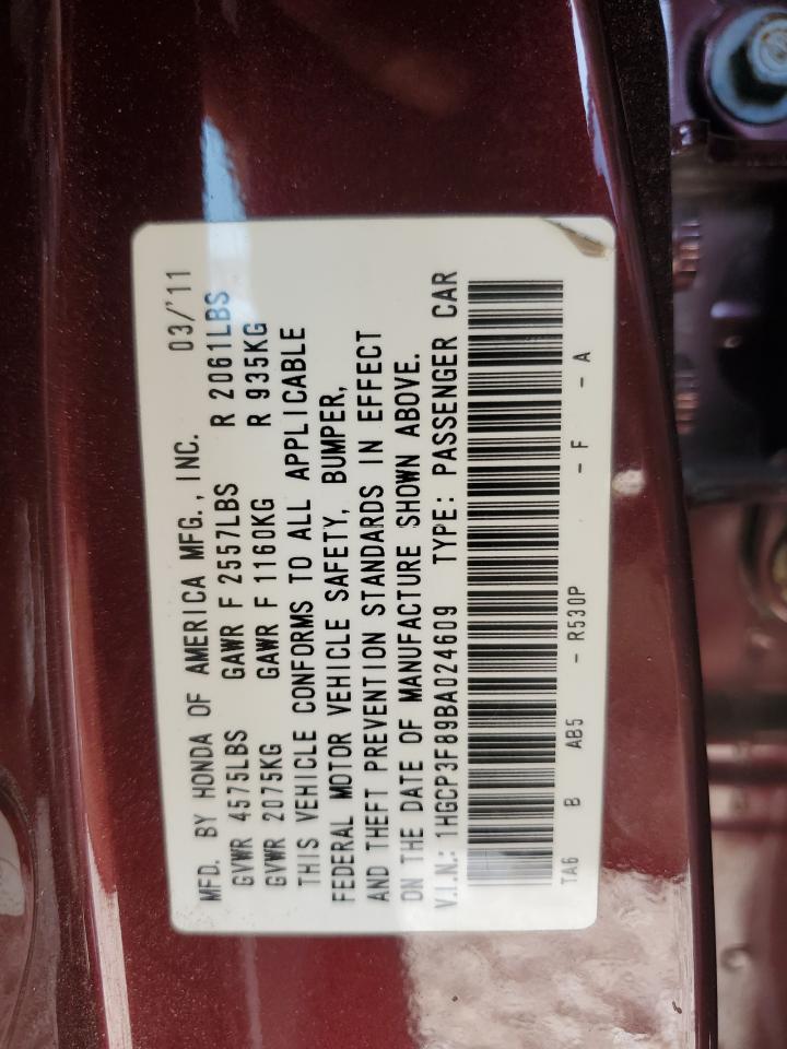 2011 Honda Accord VIN 1HGCP3F89BA024609 Copart auction photo, front end / minor dent/scratches damage thumbnail 13
