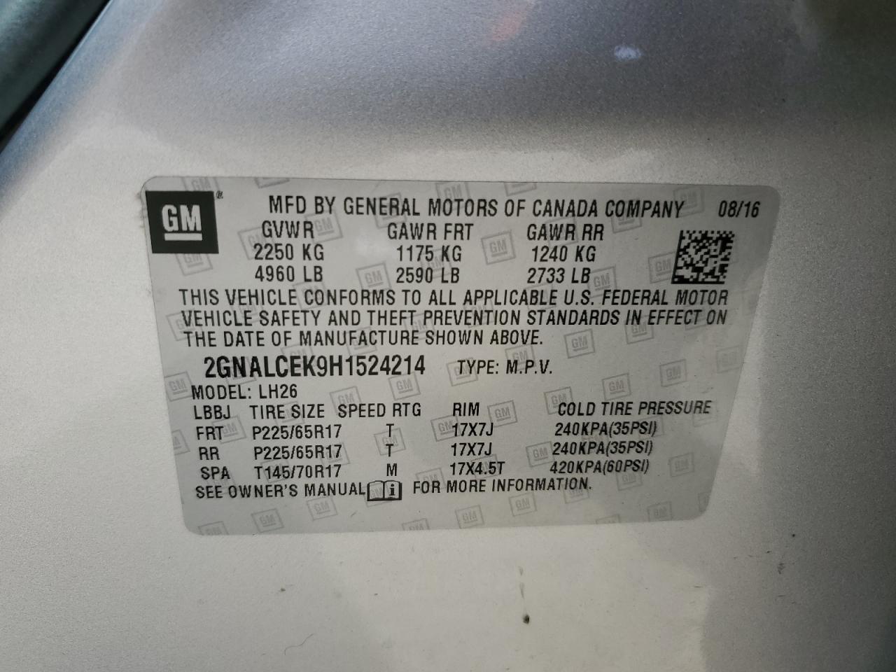 2017 Chevrolet Equinox VIN 2GNALCEK9H1524214 Copart auction photo, front end damage thumbnail 13