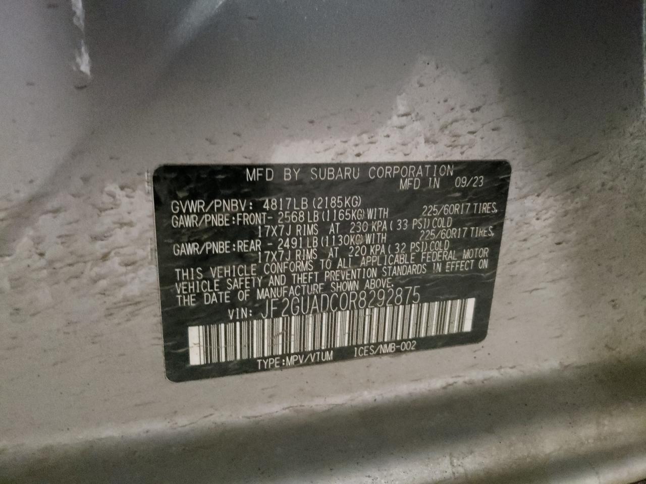 2024 Subaru XV VIN JF2GUADC0R8292875 Copart auction photo, front end damage thumbnail 15
