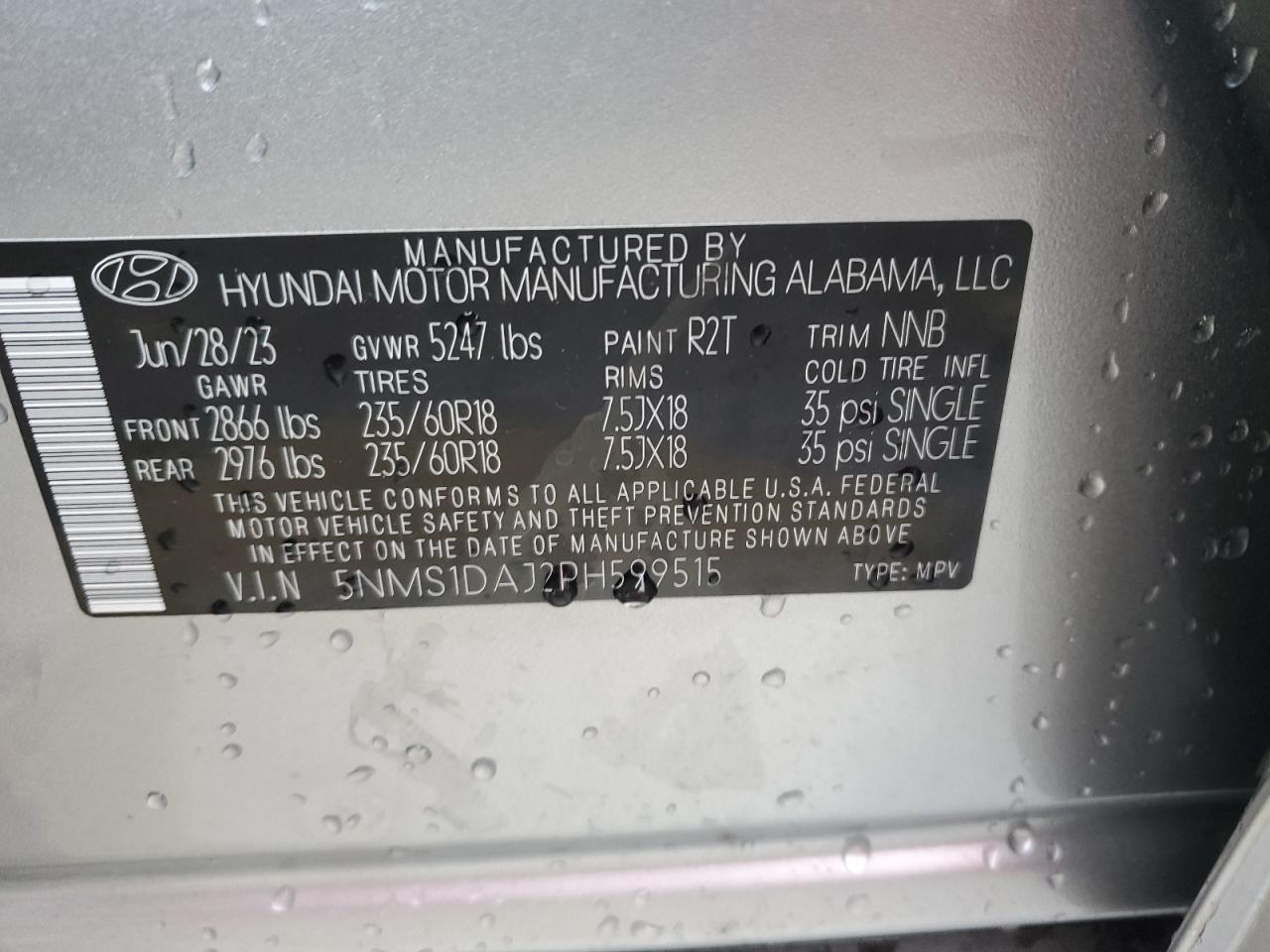 2023 Hyundai Santa Fe VIN 5NMS1DAJ2PH599515 Copart auction photo, rear end damage thumbnail 14