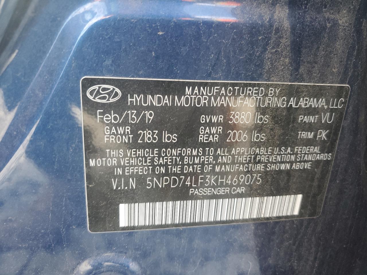 2019 Hyundai Elantra VIN 5NPD74LF3KH469075 Copart auction photo, front end damage thumbnail 14