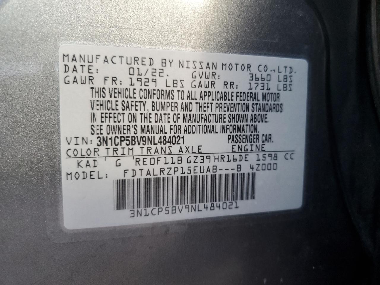2022 Nissan Kicks VIN 3N1CP5BV9NL484021 Copart auction photo, water/flood damage thumbnail 14