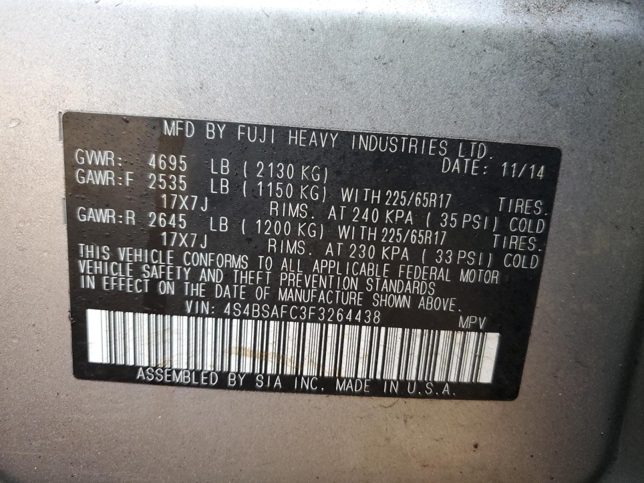 2015 Subaru Outback VIN 4S4BSAFC3F3264438 Copart auction photo, side / rear end damage thumbnail 13