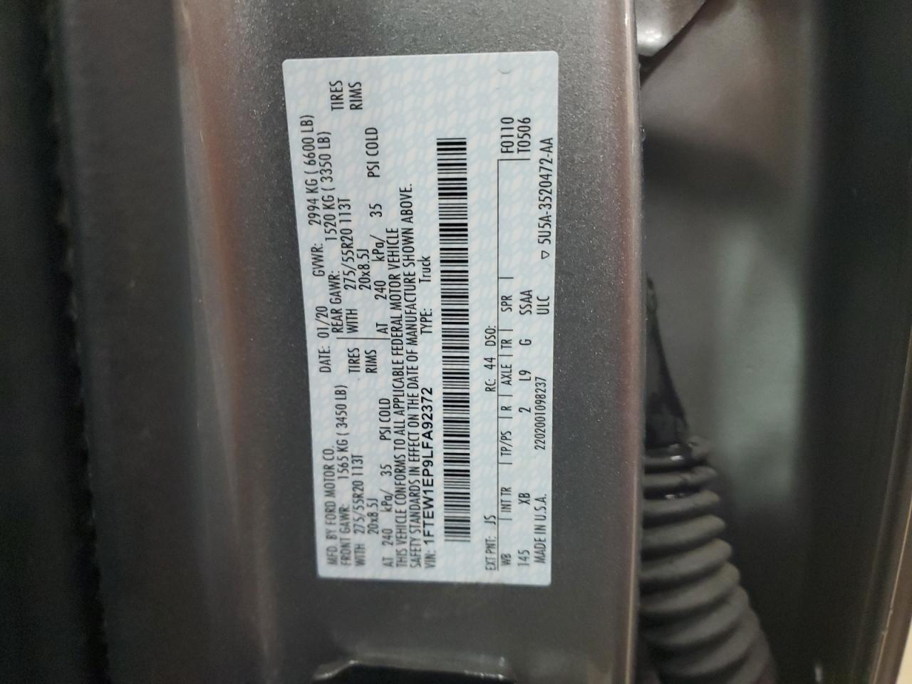 2020 Ford F-150 VIN 1FTEW1EP9LFA92372 Copart auction photo, front end / minor dent/scratches damage thumbnail 12