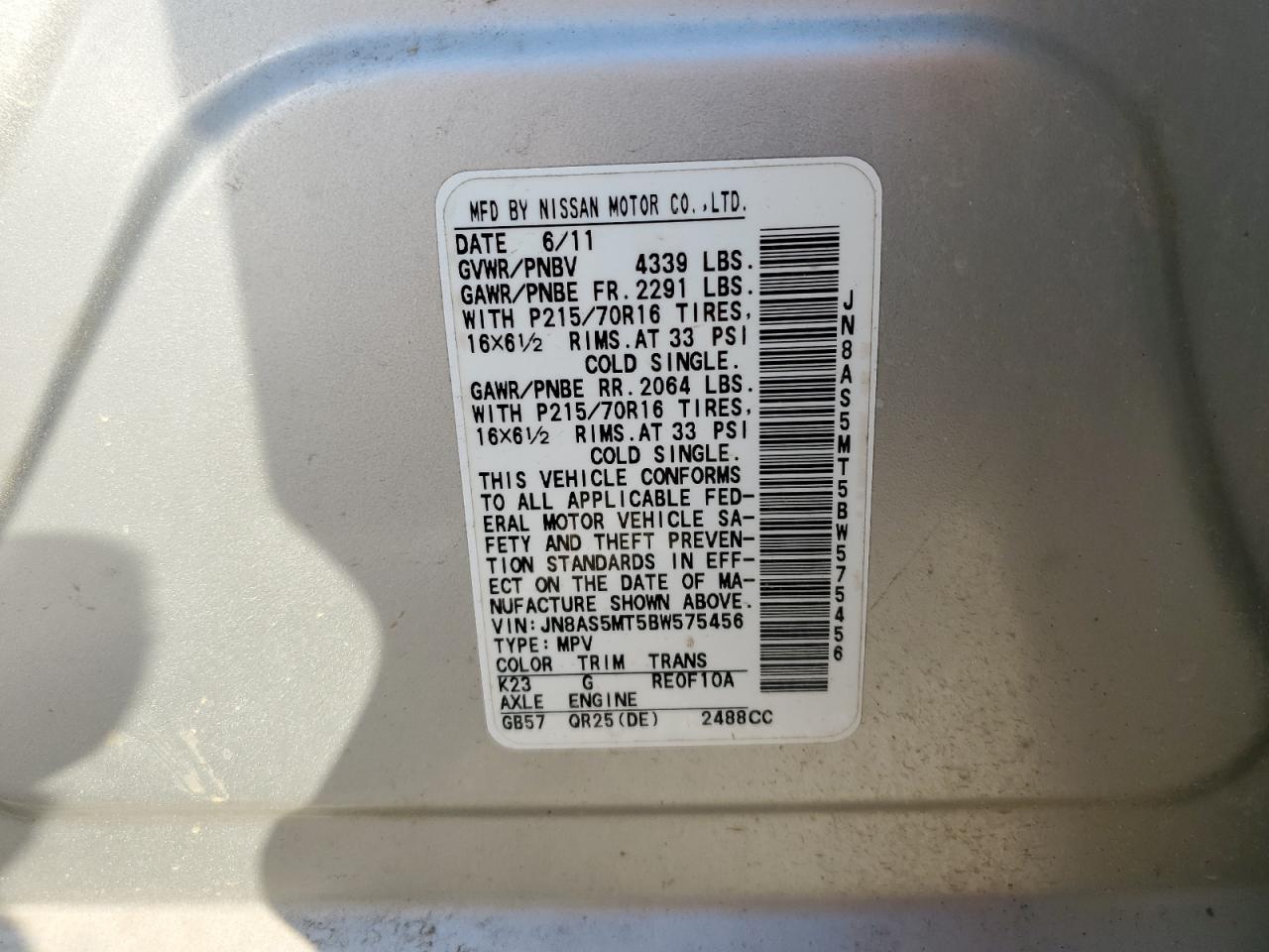 2011 Nissan Rogue VIN JN8AS5MT5BW575456 Copart auction photo, front end damage thumbnail 15
